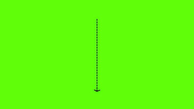 A simple black dashed line arrow pointing downwards isolated on a bright green background for digital navigation and user interface
