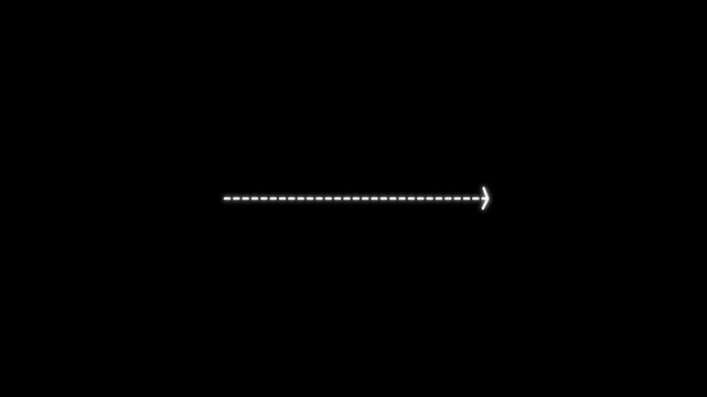 A simple white dashed line arrow pointing towards the right isolated on a black background for digital navigation and user interface
