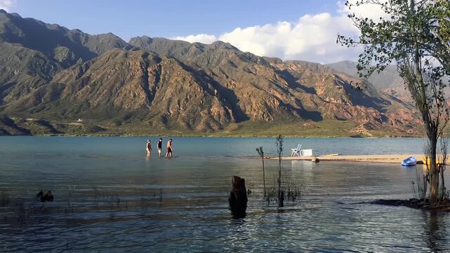 Scenic View Of Potrerillos Dam Lake In Mendoza Argentina With Andes Mountains - 4K