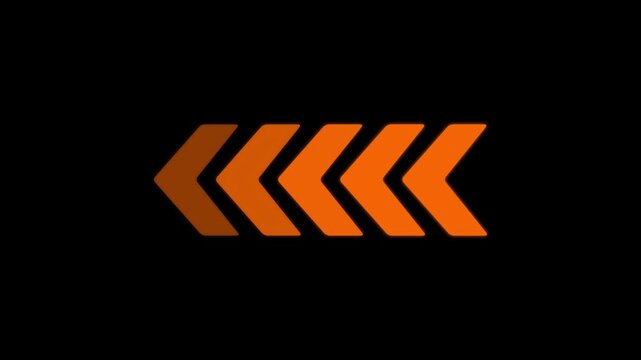 Horizontal row of five orange arrows pointing left isolated on a black background for navigation and directional interface