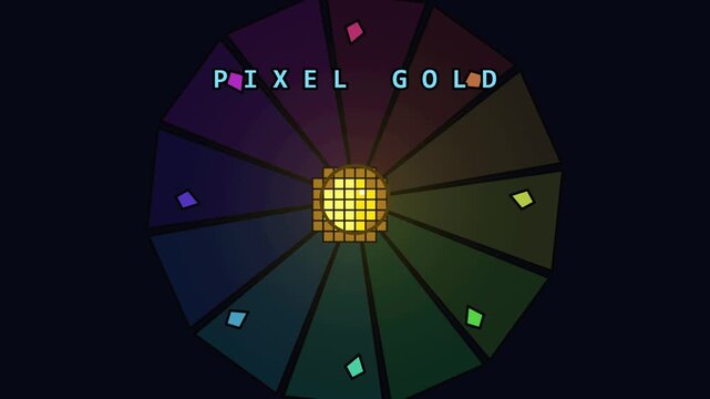 Abstract motion graphic with glowing gold pixel block and color wheel