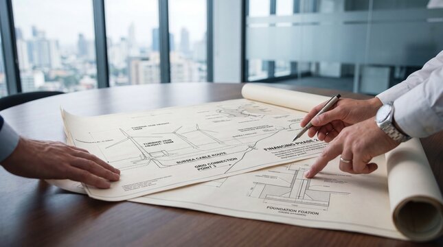Architects reviewing detailed technical blueprints and construction plans for wind turbine foundation and cable connection points on wooden table in bright modern office with city