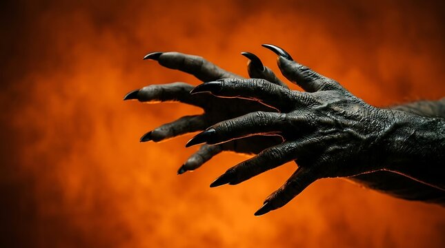 Monster hands with long sharp claws on smoky orange background.
