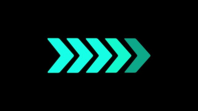 A row of five cyan arrows pointing to the right side against a solid black background representing progress and direction in a digital interface