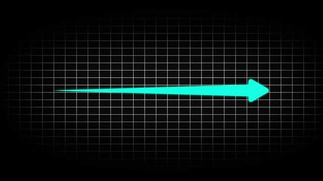 Bright neon cyan arrow pointing to the right on a dark black grid background with thin white lines forming a square pattern across the entire frame