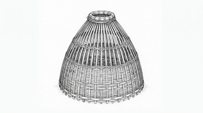 Traditional Woven Bamboo Fish Trap Isolated on White Background