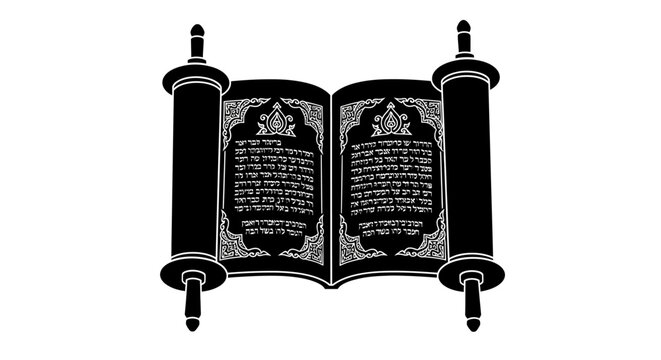 Black and white illustration of an open Torah scroll with Hebrew text.