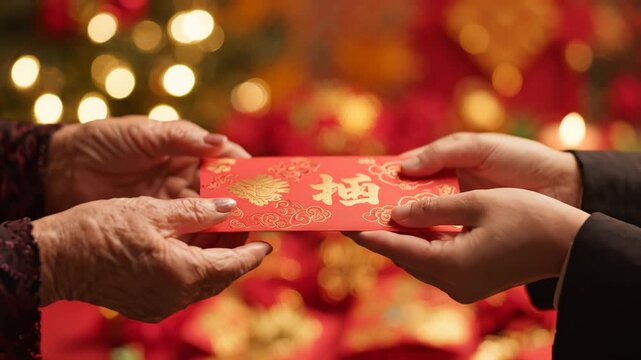Elderly woman handing red envelope (hongbao) to younger person during Chinese New Year celebration