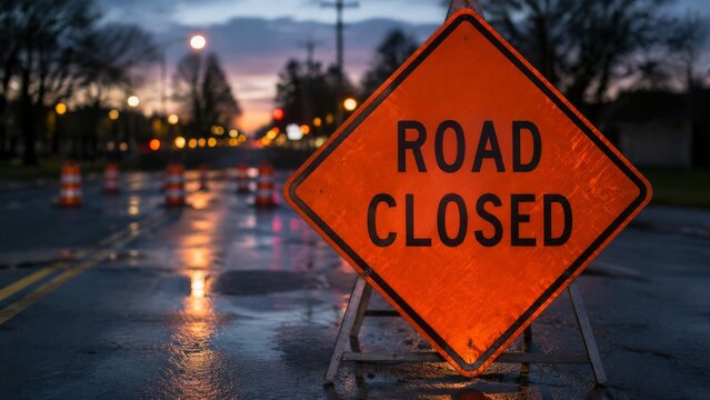 A prominent orange "Road Closed" sign stands on a wet street, with traffic cones in the background, signaling an area closure at dusk
