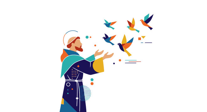 Saint Francis of Assisi releasing colorful birds in a stylized digital illustration.