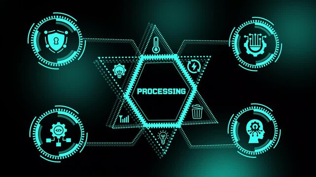 Data processing concept with enterprise technology, intelligent automation, digital analytics and scalable business workflow systems.