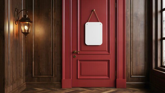 A red wooden door with a hanging blank sign in a classic vintage style hallway