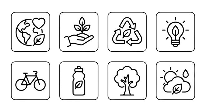 Eco-Friendly Icons Set: Sustainability, Nature, Recycling, Green Energy, Bicycle, Water Bottle, Tree, Weather
