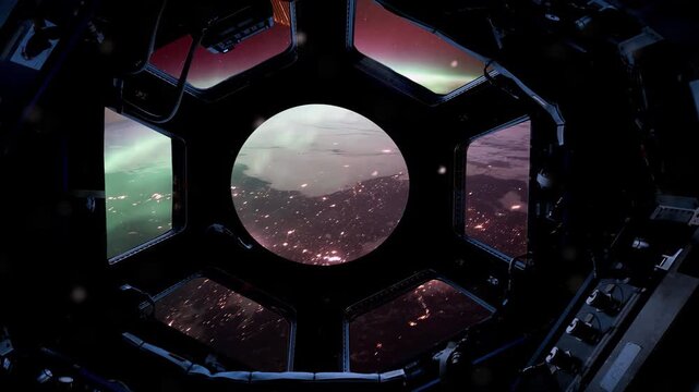 Inside International Space Station Looking At Green Aurora From Orbit - Elements of this Video furnished by NASA - 4K
