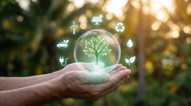 Human Hands Holding Holographic Mini Globe with Green Tree Concept, Renewable Energy Technology, Sustainable Environment, Clean Future Innovation and Eco Solutions