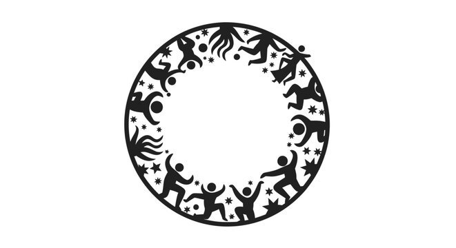 Circular frame of stylized stick figures in various dynamic poses.