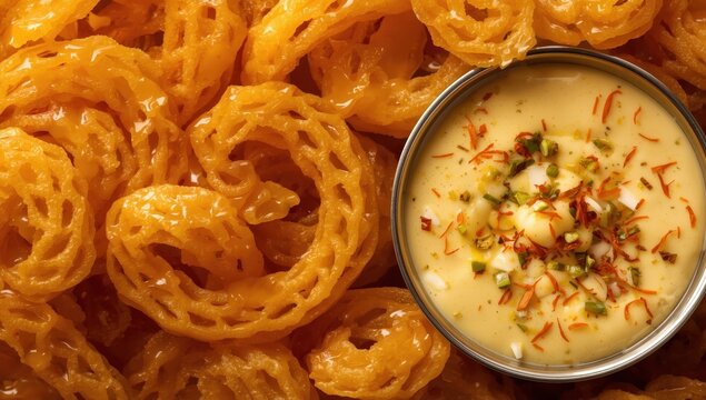 Crispy jalebi spirals soaked in syrup, paired with creamy rabdi for a delightful blend of sweetness.