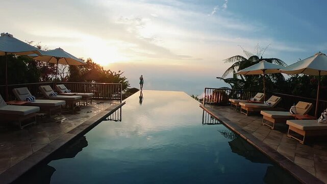 Centered view of luxury resort infinity pool at sunset with single distant figure standing near far edge, calm reflective water, tropical loungers, parasols, palm foliage, soft sky glow, and quiet