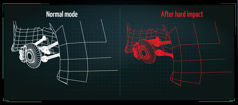 Visual comparison of vehicle parts before and after hard impact shows damage and structural change in design