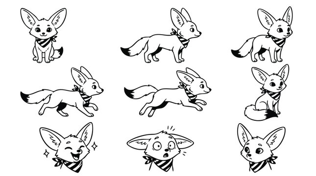 Cute Fennec Fox Character Line Art Set in Various Poses