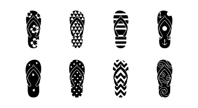 Set of 8 Black and White Flip Flop Icons, Summer Footwear Vector Collection, Beach Sandal Graphics