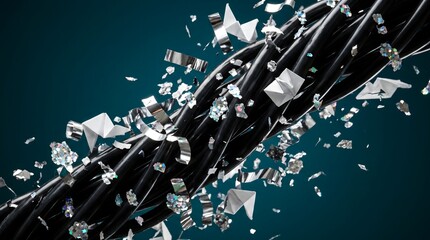 Bundled black cables flying through air with silver paper origami boats and metallic glitter.