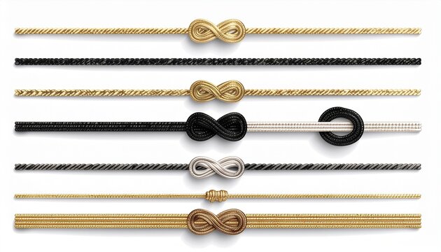 Decorative thin ropes with infinity knots on white 白背景のインフィニティ結び飾り紐ロープ素材 イラスト