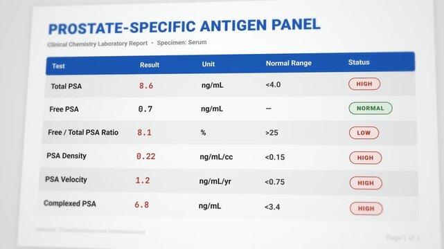 Comprehensive animated prostate antigen panel report template: detailed PSA test results with high prostate screening values flagged
