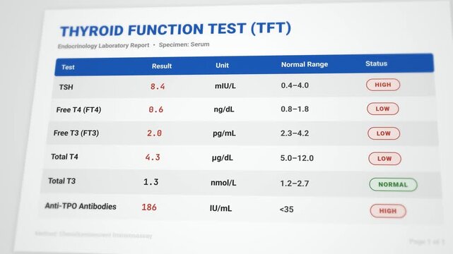 Detailed animated thyroid function test report template: interactive laboratory results with high TSH and low hormone values flagged
