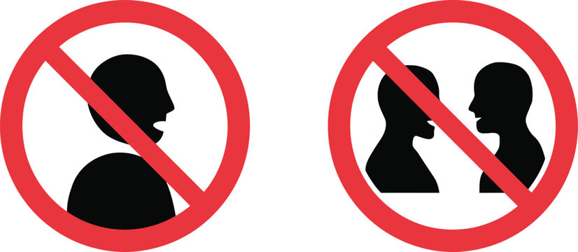 No talking and no conversation prohibited signs with human silhouette icons