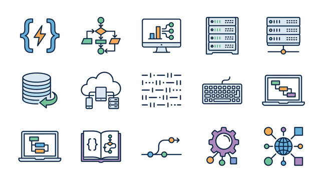 Minimalist Showcasing Key Concepts in Data Science Programming and IT Infrastructure with Clean Line Art