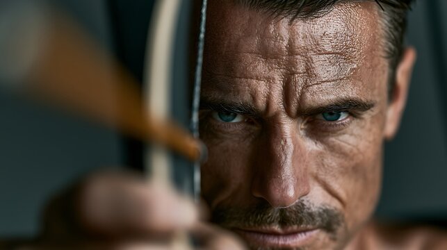Prompt: A powerful fine-art sports portrait of an archer drawing a modern recurve bow, the arrow tip pointed towards the camera lens. Shot on a 105mm portrait lens, f/2.0, ultra-shallow depth 