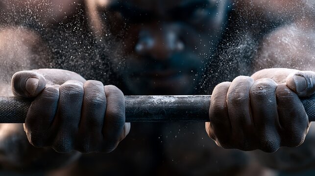 Prompt: A powerful, close-up sports portrait capturing a bodybuilder pulling a heavy barbell off the floor, dust from lifting chalk flying. Shot on an 85mm portrait lens, f/1.4, creating an 