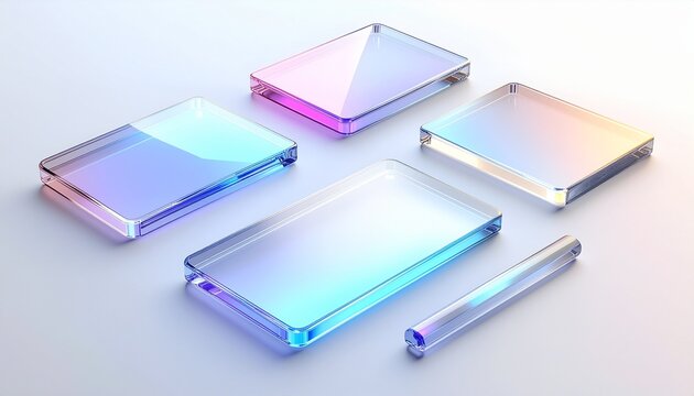 Clear holographic glass crystal slabs on white 白背景の透明なホログラフィックガラス板 イラスト