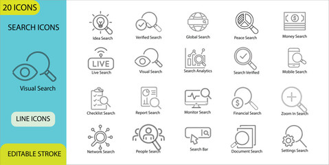 Naklejka premium Search Icons, Visual Search, Search Analytics, Global Search, Line Icon Set