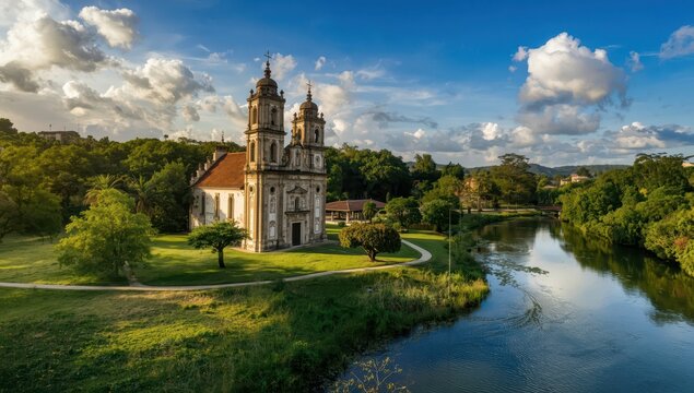 Bird's-eye view of the Immaculate Conception church and park in sunny Santa Cruz de Mompox, featuring a river and recognized as a World Heritage site.