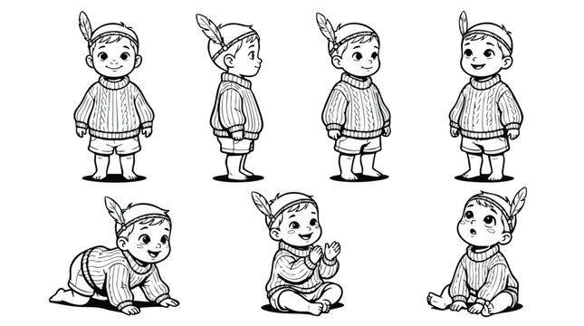 Cute Baby Character Model Sheet Vector Line Art Collection