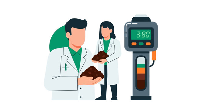 Scientists Analyzing Soil Quality in Laboratory, Flat Vector Illustration of Agricultural Research and Environmental Testing Concept