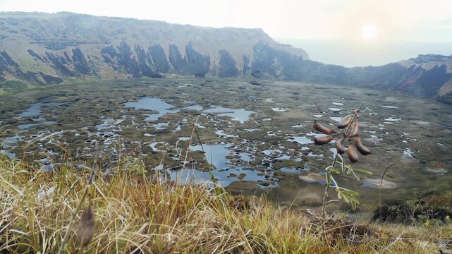 Panoramic View Of Volcano Caldera Lake In Easter Island Chile - 4K