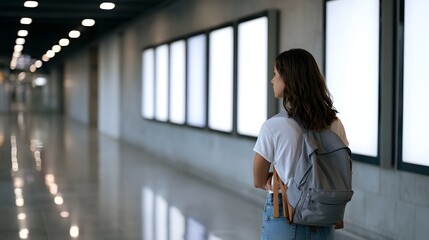Fototapeta premium A young woman with a backpack stands alone in a long brightly lit airport corridor looking at blank advertising panels