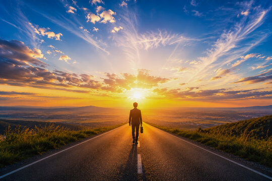 Person Walking Toward Sunset On Empty Road