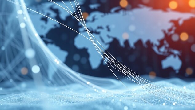 Global digital connectivity network with glowing fiber optic strands