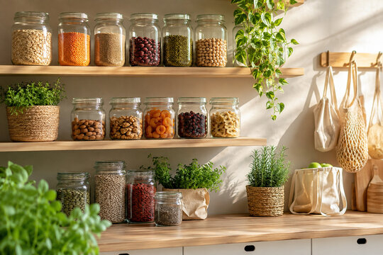 Zero waste vegan pantry with glass jars