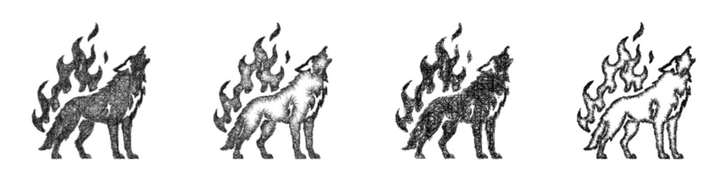 Monochrome sketch fire wolf icon design set