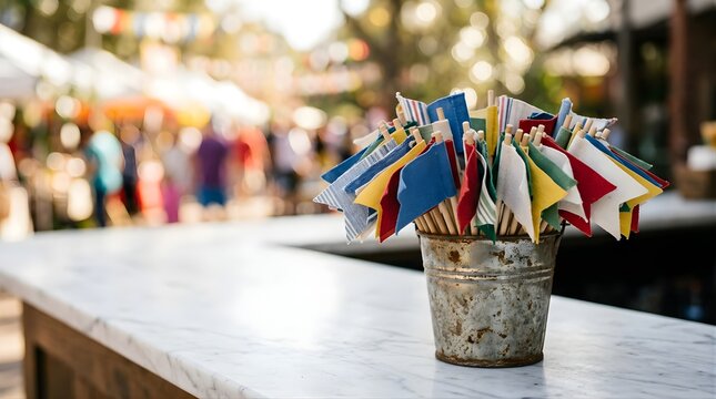 Decorative flags in a metal bucket on a marble table at an outdoor event