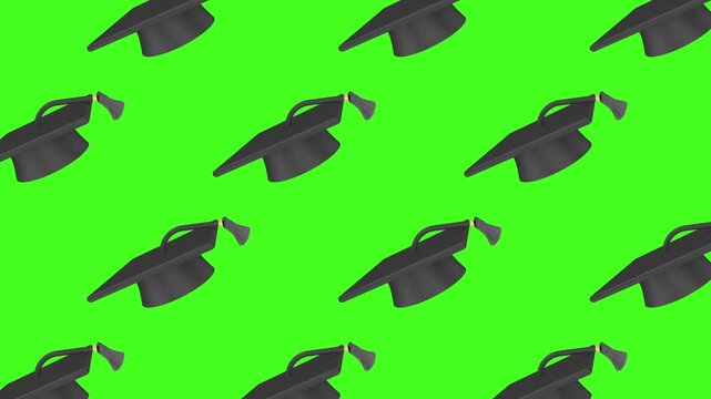 Animated graduation cap pattern on a green screen. Education success and university celebration seamless loop background.