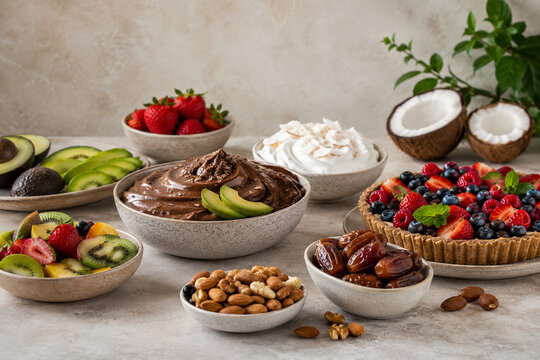 Elegant vegan dessert table with fruit and mousse