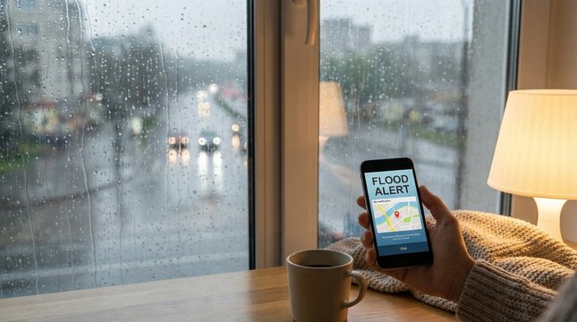 Hand holding smartphone showing flood alert by rainy window, warm lamp and coffee on table, calm indoor mood during stormy weather