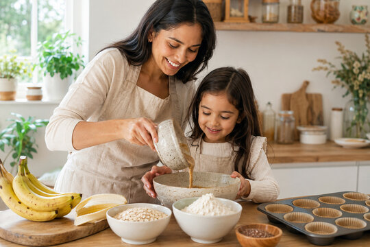 Family baking vegan banana muffins together