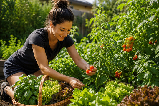 Harvesting vegetables for fresh vegan salad